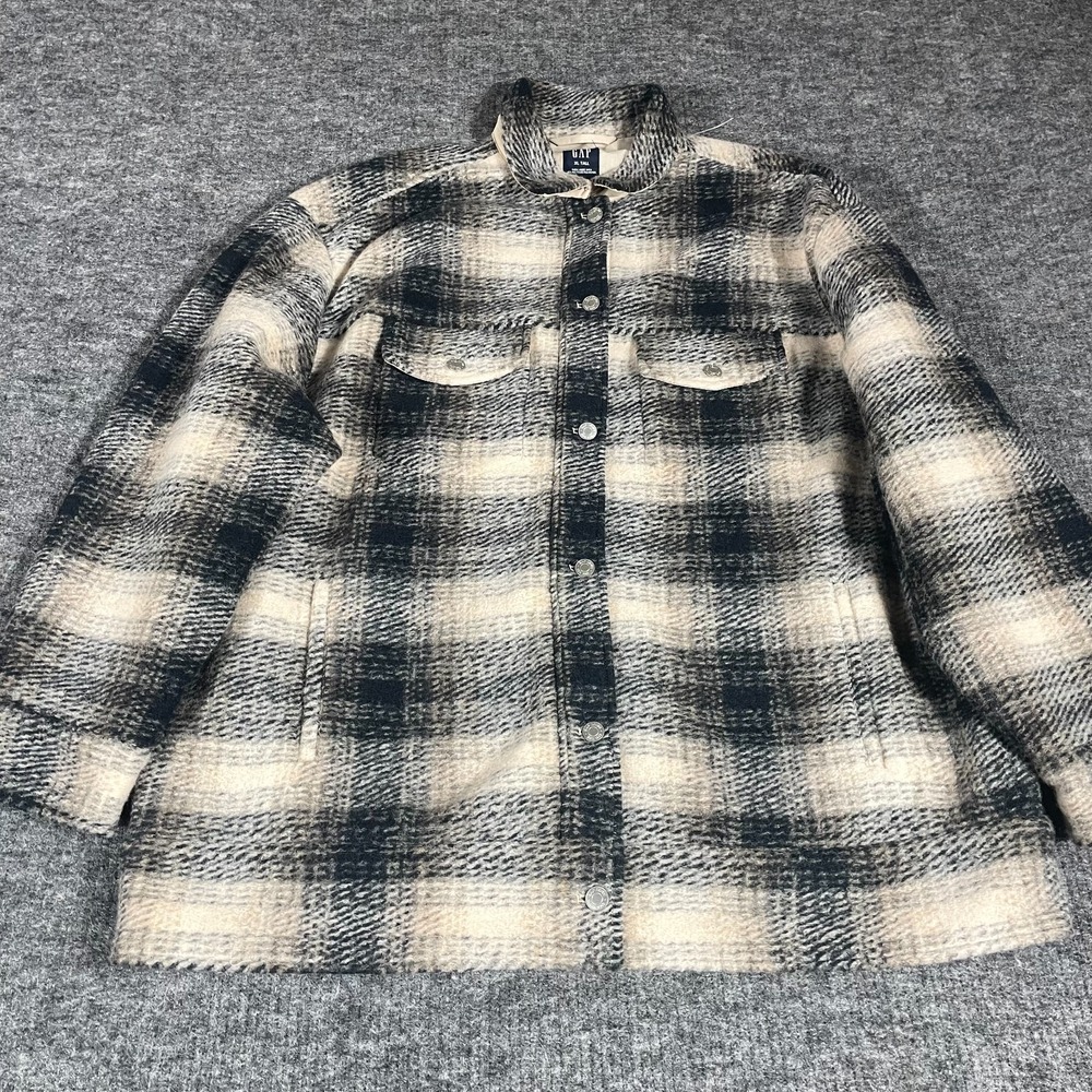 Gap Jacet Mens Extra Large Tall Gray Plaid Button Up Wool Blend Shacket‎ Pockets